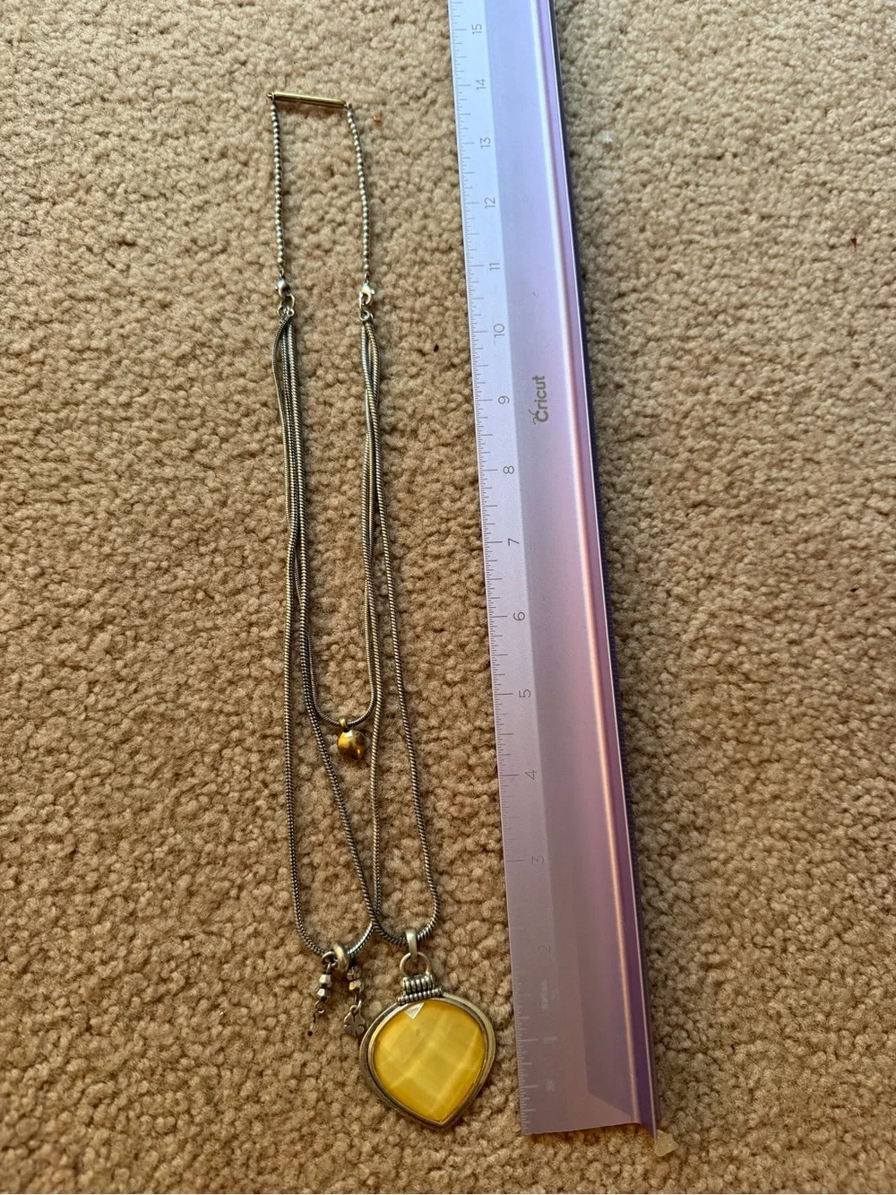 Silver Tone Multi Strand Necklace Yellow Teardrop Pendant Gold Heart Charms